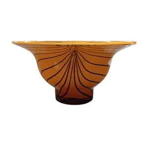 Murano Style Art Glass Bowl Vase Amber Black Tiger Stripe Swirl Hand Blown